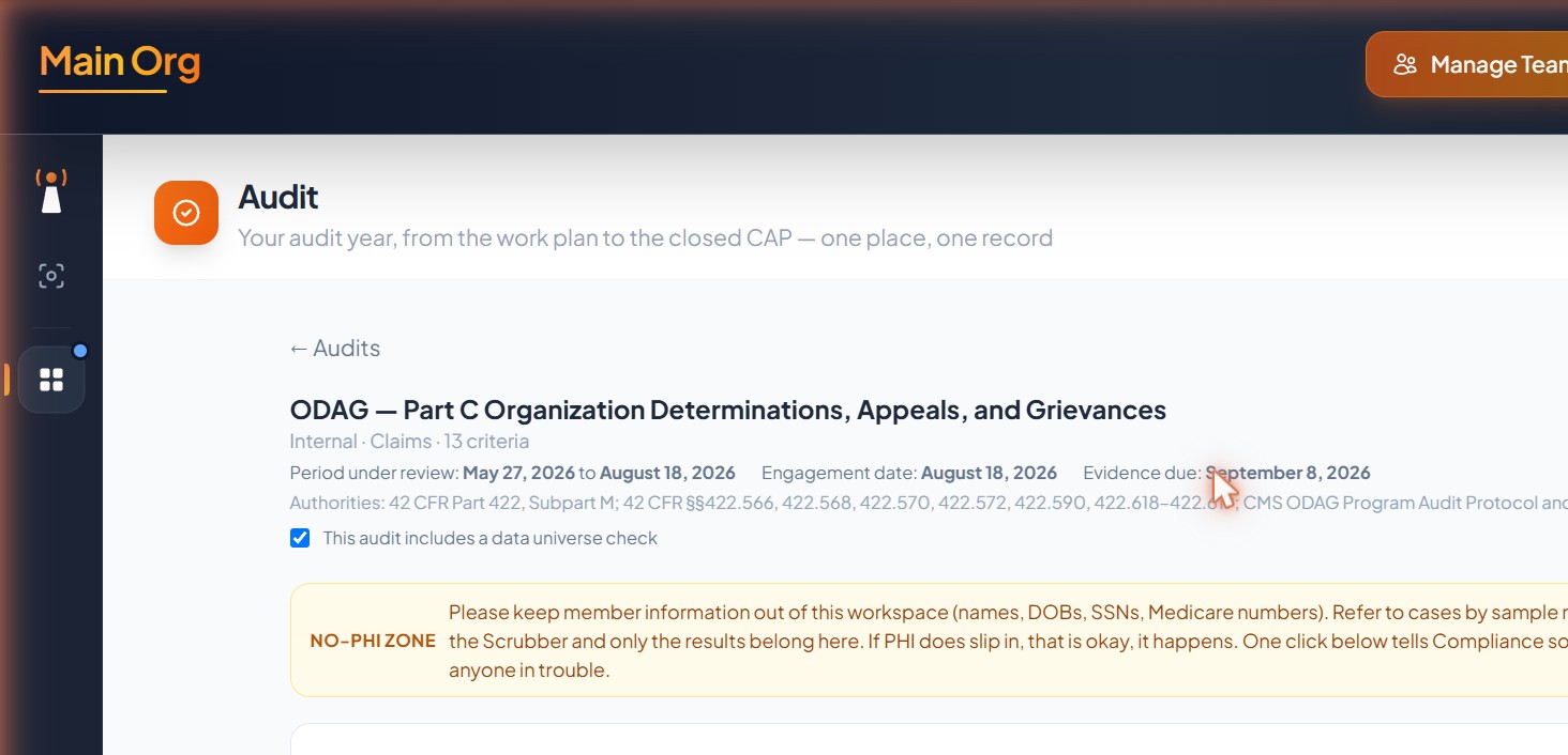 An internal ODAG audit workspace showing the period under review, engagement date, evidence due date, and authorities
