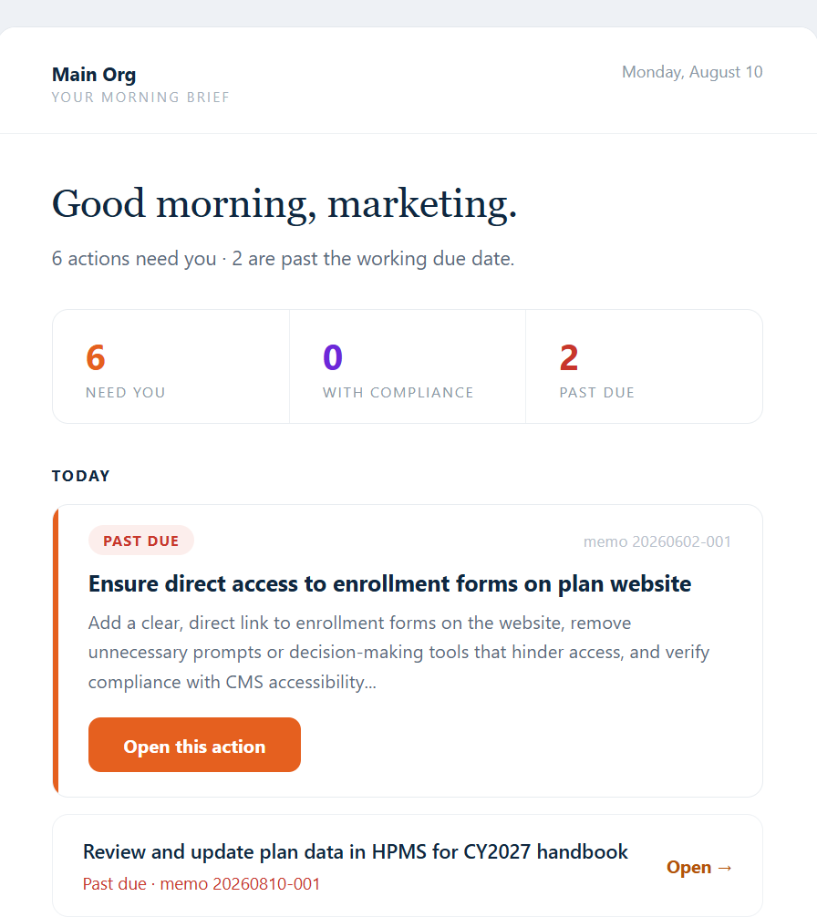 The Precision Mandate morning brief email listing actions that need attention