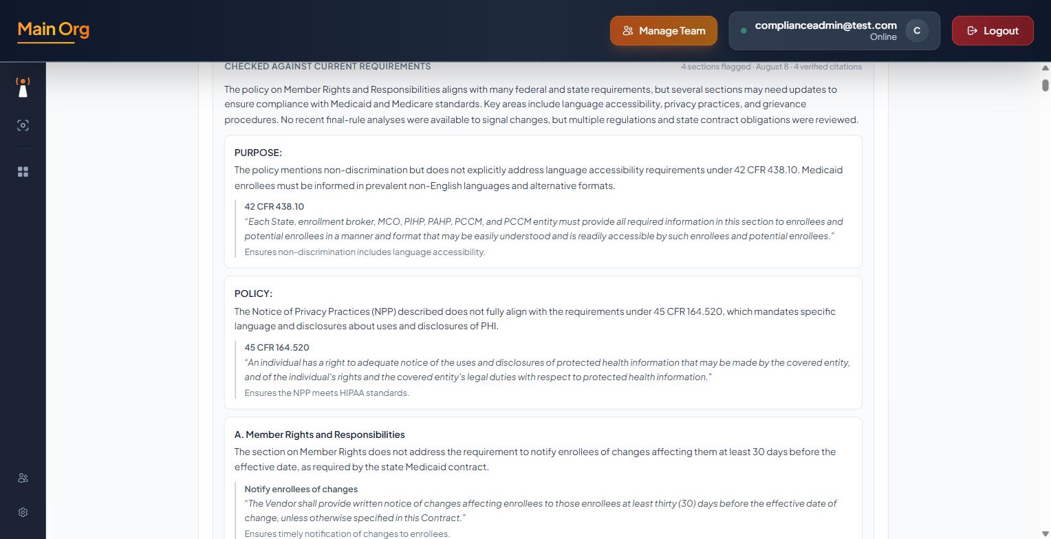 The Policy Review Guide showing flagged sections with the regulation quoted beside each