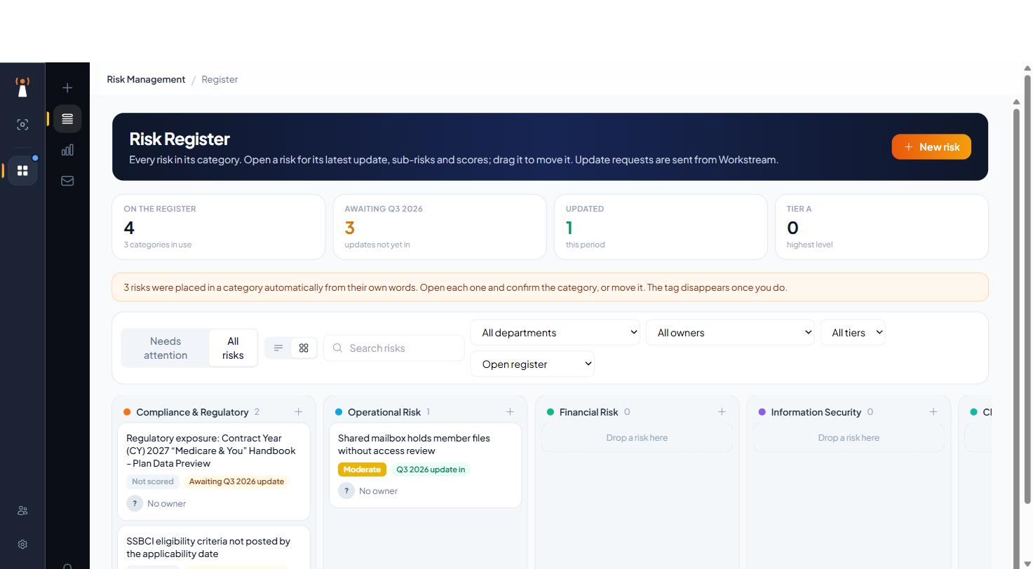 The Risk Assessment register with scored risks and the heat map